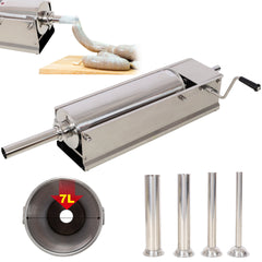 7L/15LBS Horizontal Sausage Stuffer,Stainless Steel,Manual Sausage Maker,With 4PCS Filling Nozzles, For Home & Commercial Use