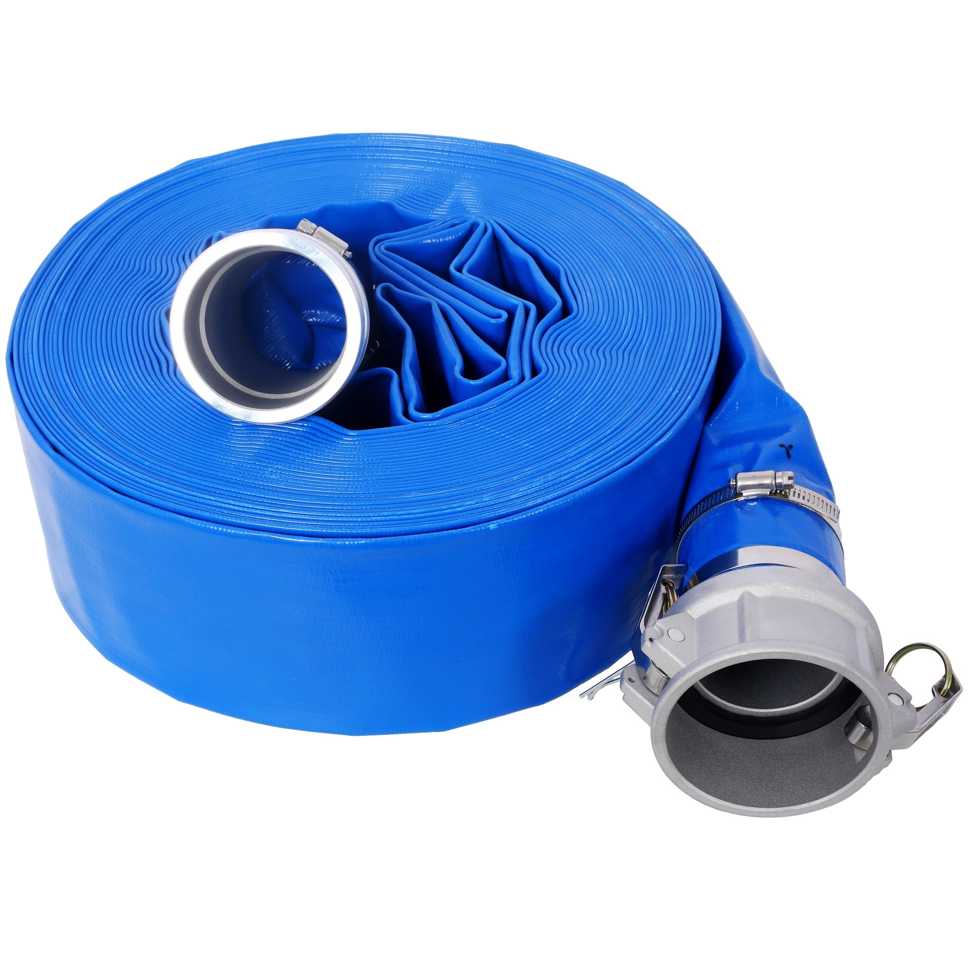 4"x100FT  Pool Backwash Hose, Heavy Duty Reinforced Blue PVC Lay Flat Water Discharge Pump Hoses For Swimming Drain Pools and Clean Filters, with Aluminum Camlock C and E Fittings