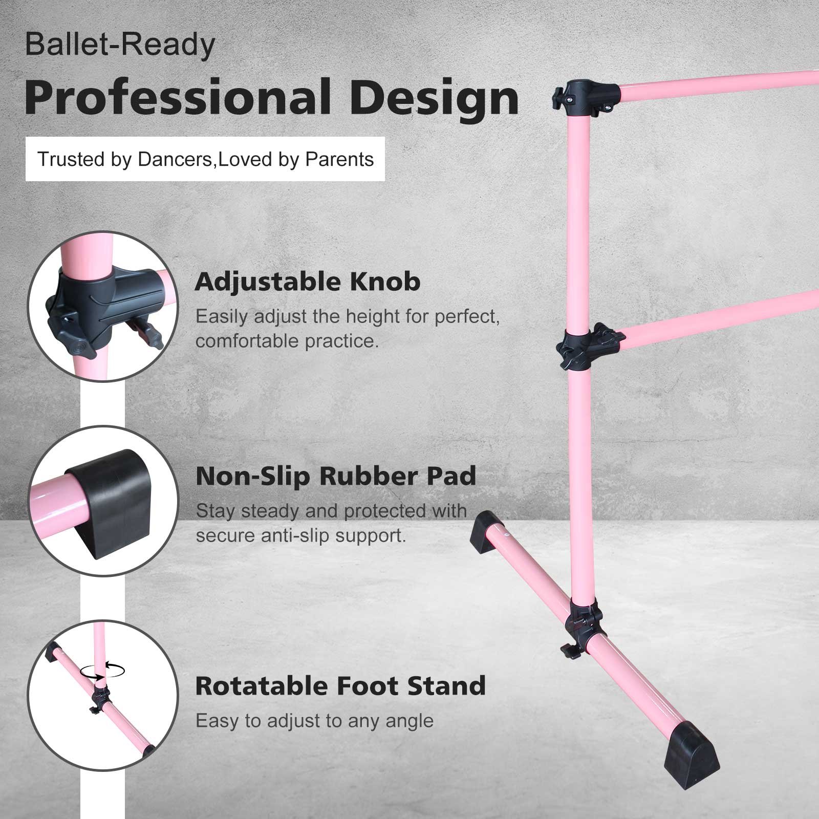 4FT Pink Ballet Barre With Adjustable Range Of 6.7-46 Inches For Dance Practice