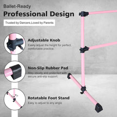 4FT Pink Ballet Barre With Adjustable Range Of 6.7-46 Inches For Dance Practice