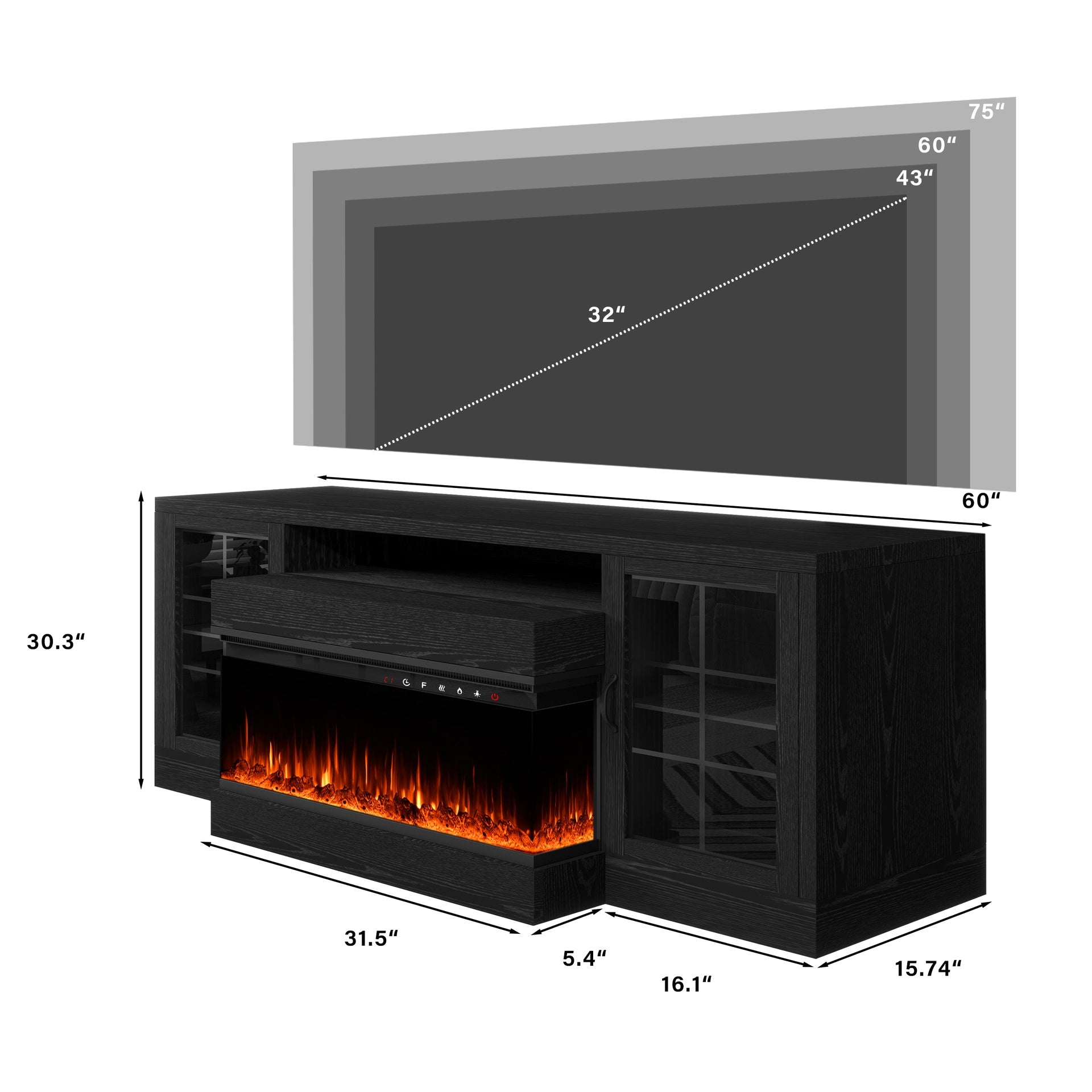 CharaVector 60 inch Fireplace TV Stand for TVs up to 75" with 30" 3-Sided Electric Fireplace, Farmhouse Entertainment Center with Glass Doors & Storage Cabinet, Black(ONLY TV STAND)