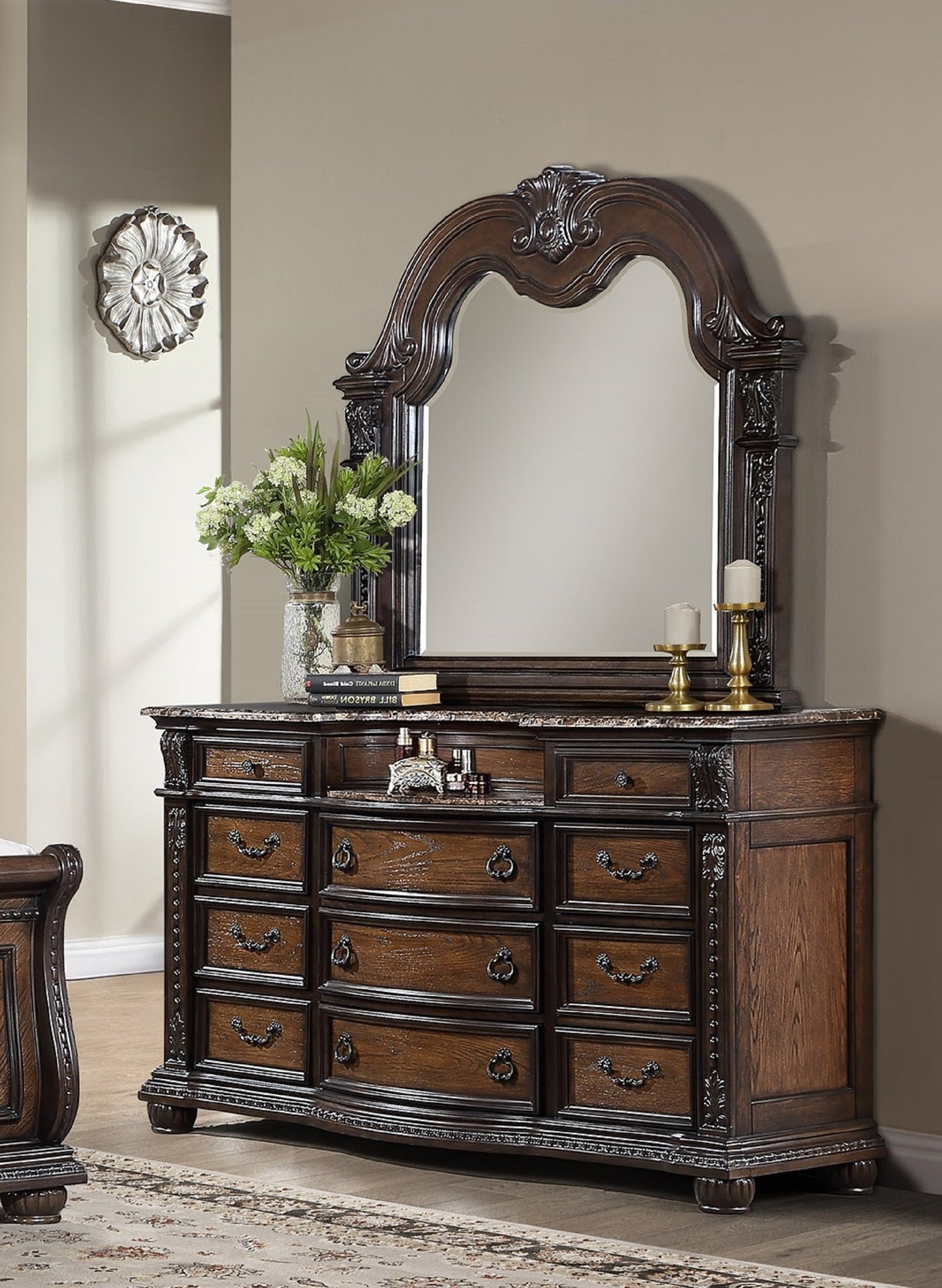 1pc Marble Top 11 Drawers Dresser Intricate Moldings Beautifully Curved Silhouette Antiqued Hardware Coffee Brown Finish Bedroom Solid Wood Furniture