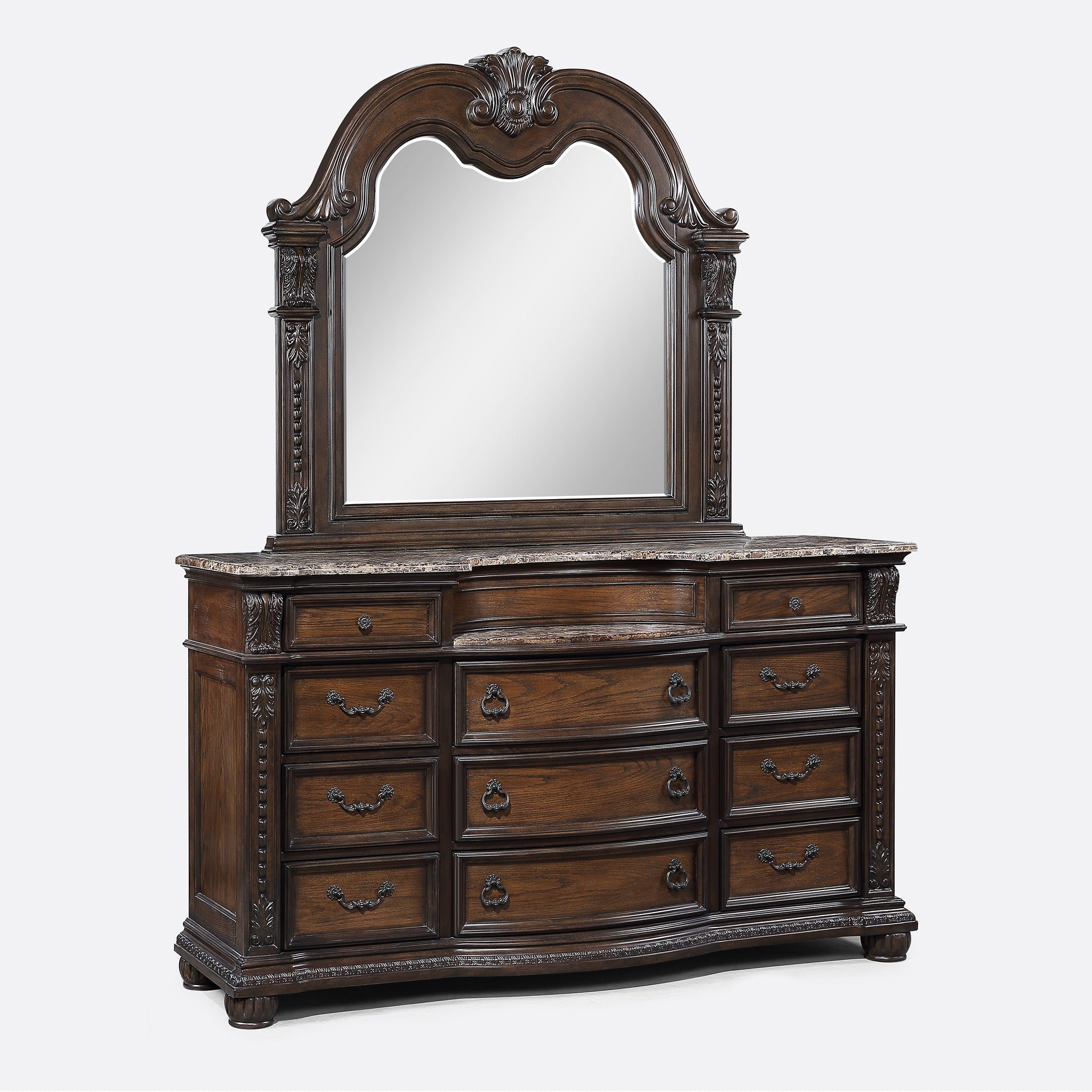 1pc Marble Top 11 Drawers Dresser Intricate Moldings Beautifully Curved Silhouette Antiqued Hardware Coffee Brown Finish Bedroom Solid Wood Furniture