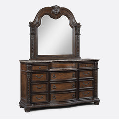 1pc Marble Top 11 Drawers Dresser Intricate Moldings Beautifully Curved Silhouette Antiqued Hardware Coffee Brown Finish Bedroom Solid Wood Furniture