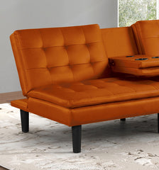 Contemporary Style Futon Sofa Bed Built In USB Chargers Biscuit Tufting Seat And Back Back Seat Drop Down Table With Cup Holder Easily Convert To Bed Orange Finish