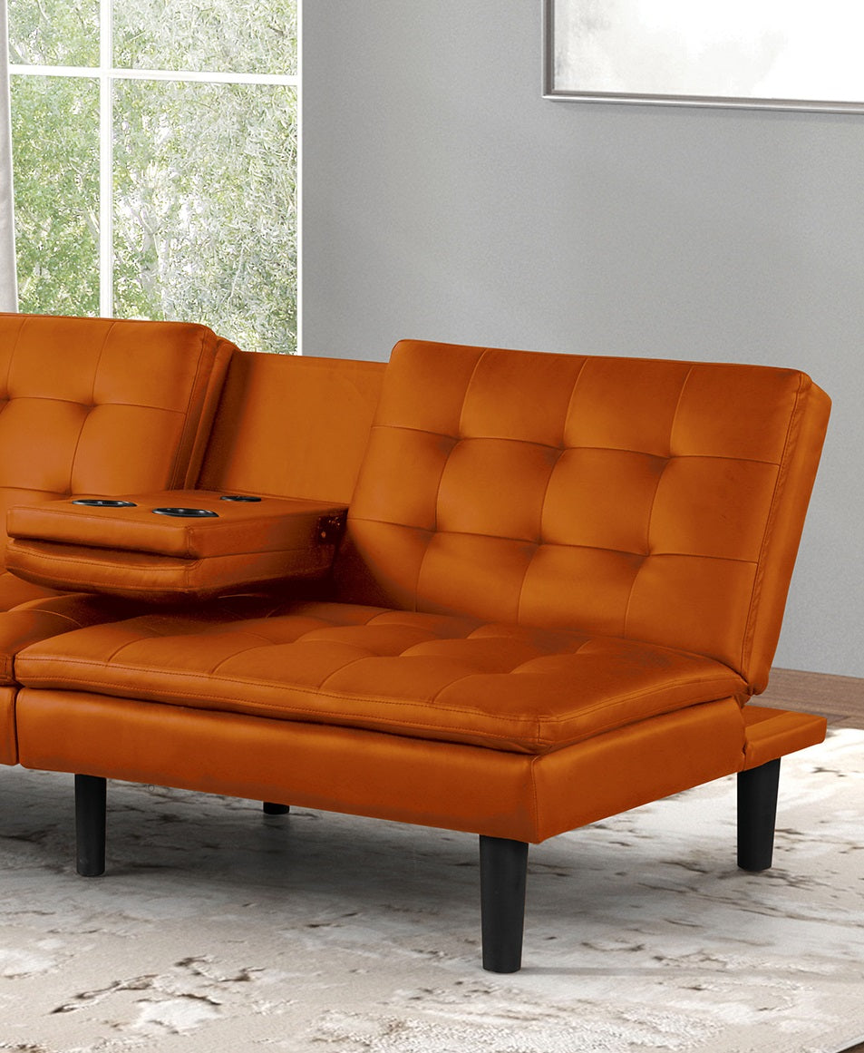 Contemporary Style Futon Sofa Bed Built In USB Chargers Biscuit Tufting Seat And Back Back Seat Drop Down Table With Cup Holder Easily Convert To Bed Orange Finish