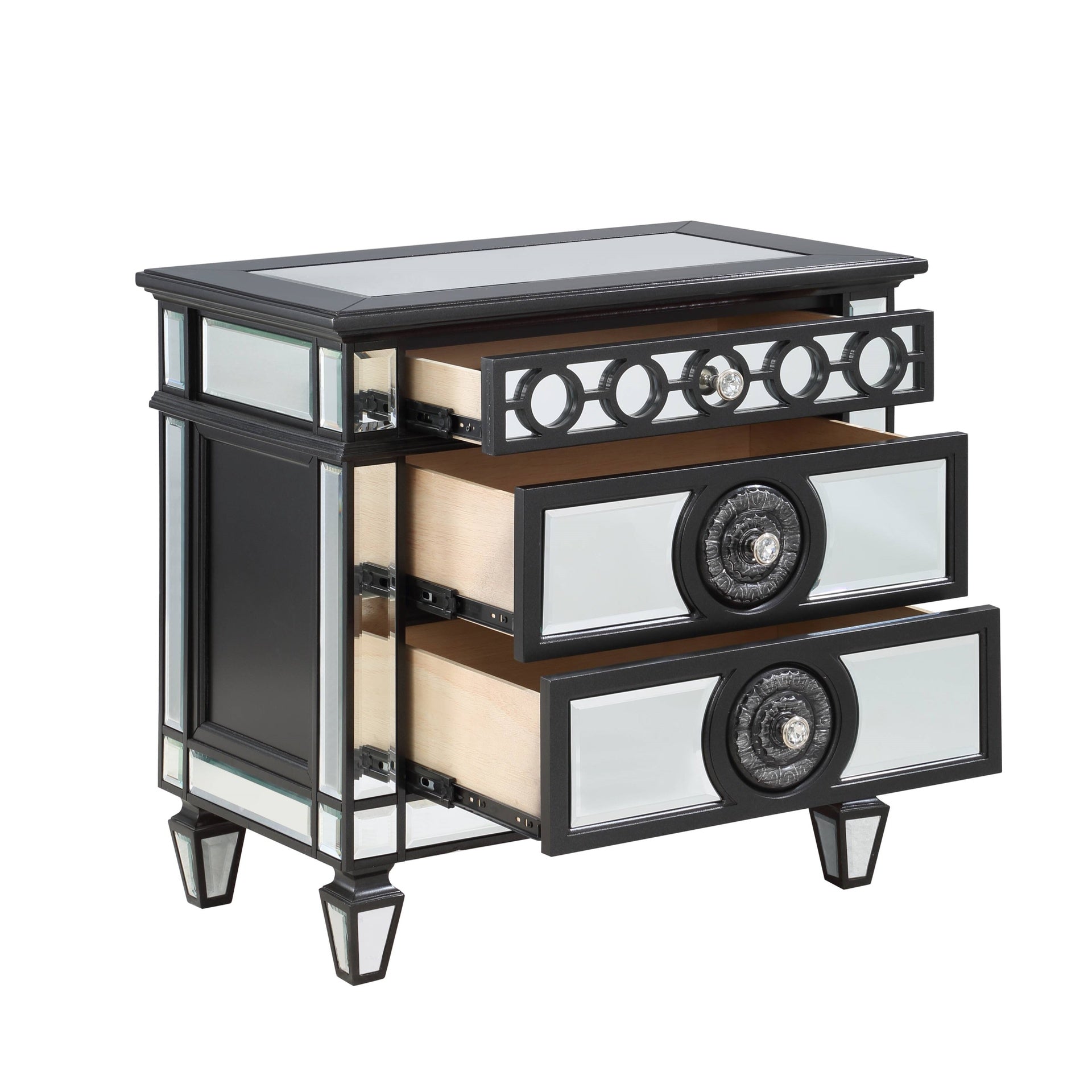 Glam Luxury Bedroom Black and Mirrored Finish Nightstand with 2 Drawers Wooden Furniture 1pc