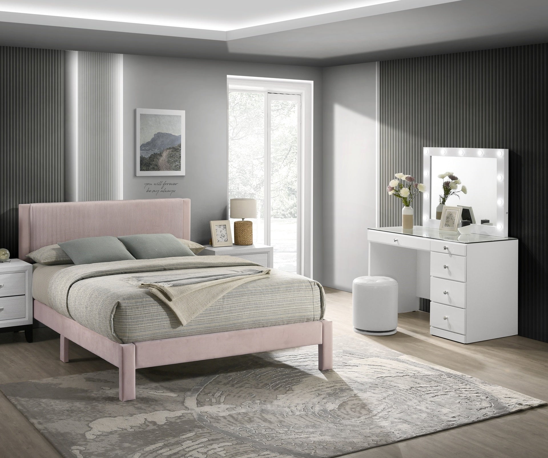 1pc Contemporary Plush Upholstered Headboard Ribbed Texture Low-profile Frame Unobtrusive Legs Youth Kids Twin Platform Bed Pink Bedroom Furniture