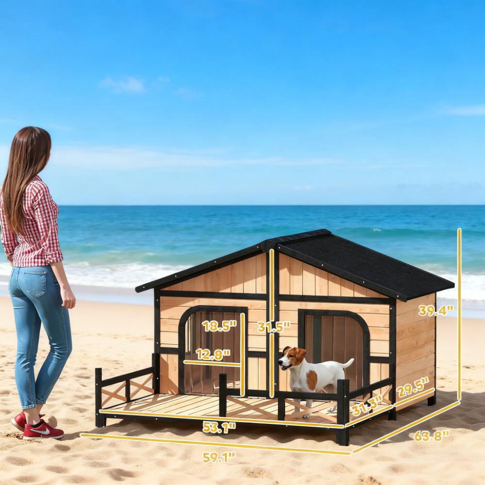 Dog House Wooden Dog Kennel Weatherproof with Porch, Openable Roof, Removable Bottom, Elevated Floor, Double Room
