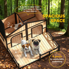 Dog House Wooden Dog Kennel Weatherproof with Porch, Openable Roof, Removable Bottom, Elevated Floor, Double Room