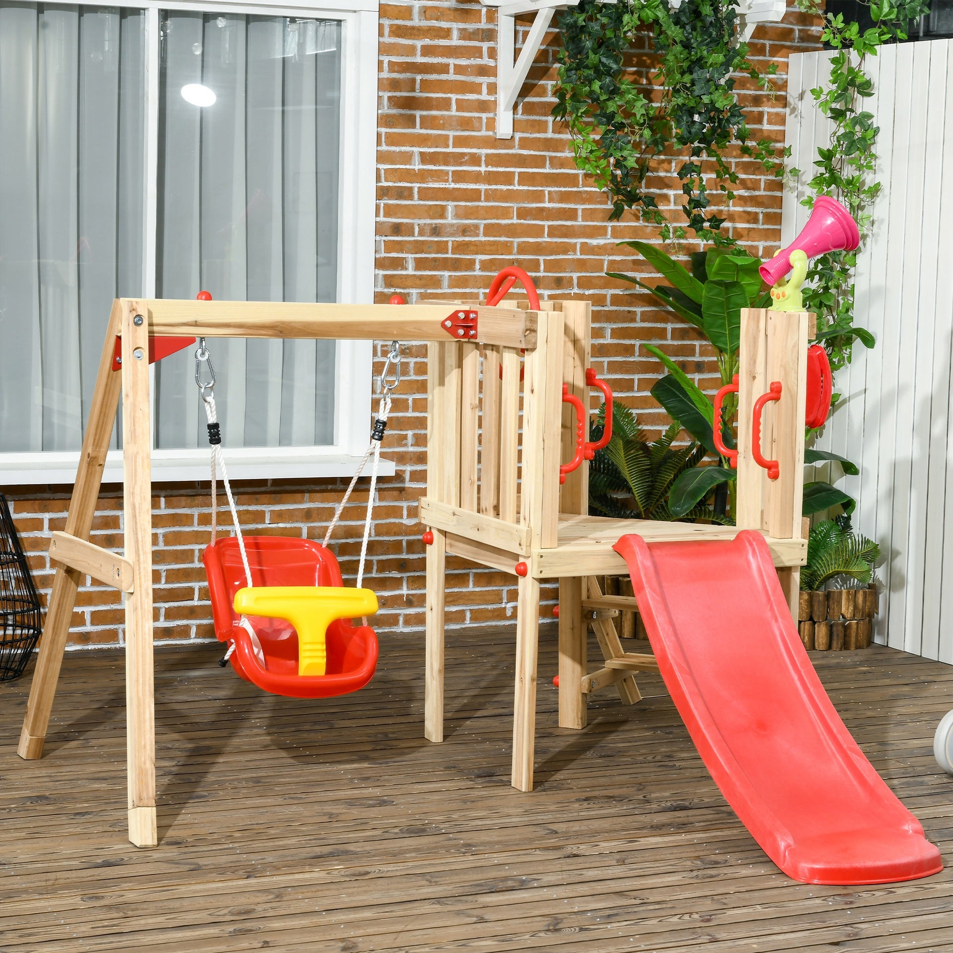 Outsunny 4 in 1 Wooden Swing Set Outdoor Playset with Baby Swing Seat, Toddler Slide, Captain's Wheel, Horn, Kids Backyard Playground Equipment, Ages 1.5-4