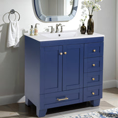 30" Blue Bathroom Vanity with Ceramic Sink - Soft-Close Drawers, Solid Wood Frame, Multi-Organizer Storage ,76x47x85cm