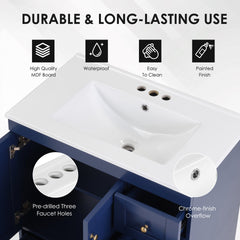 30" Blue Bathroom Vanity with Ceramic Sink - Soft-Close Drawers, Solid Wood Frame, Multi-Organizer Storage ,76x47x85cm