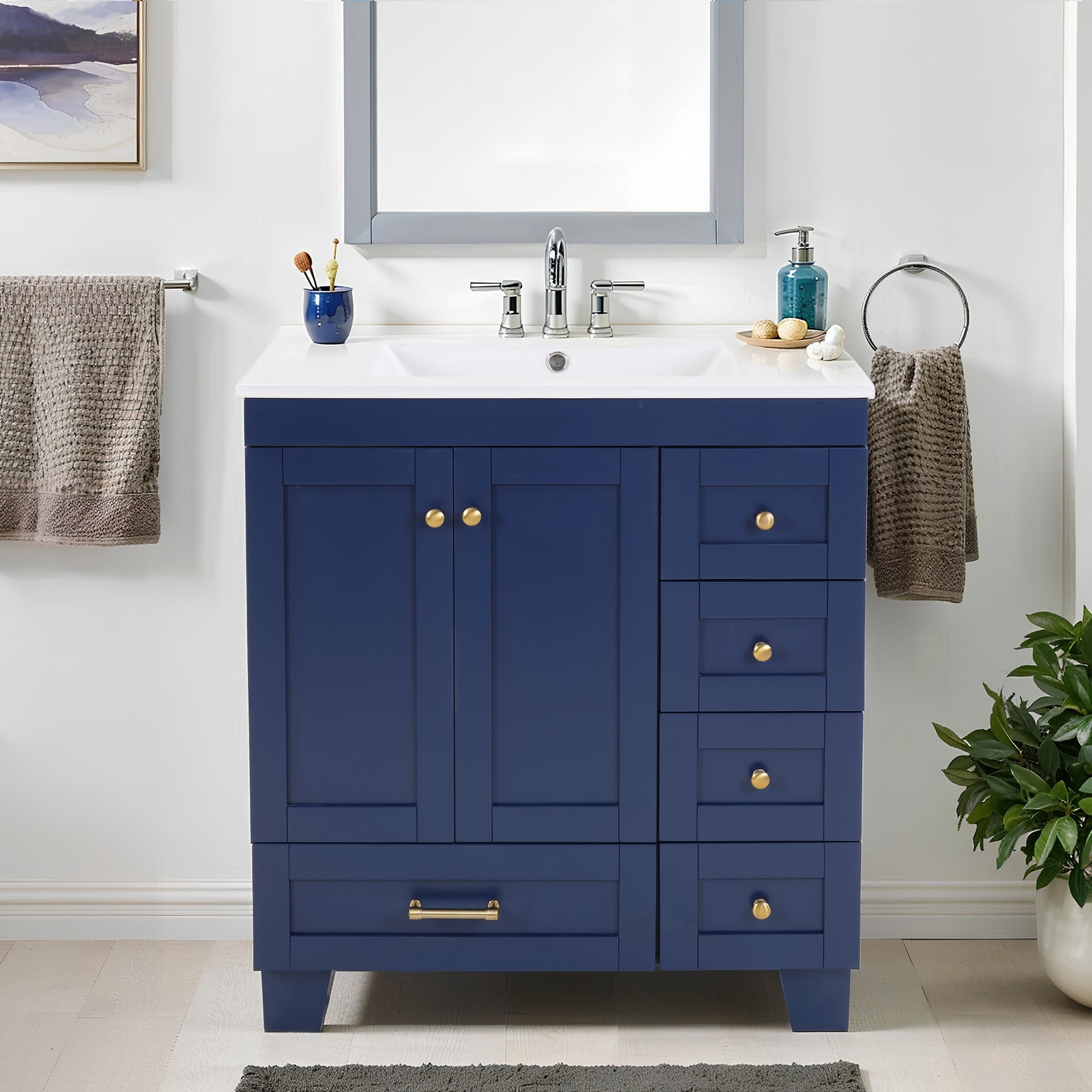 30" Blue Bathroom Vanity with Ceramic Sink - Soft-Close Drawers, Solid Wood Frame, Multi-Organizer Storage ,76x47x85cm