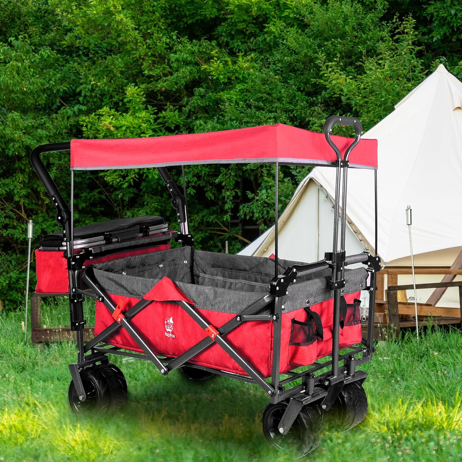 Collapsible Wagon 140L Wagons Carts Foldable with Removable Canopy, Folding Wagon Cart with Wheels for All-Terrain with Brake, Foldable Wagon with Cooler Bag, for Camping Beach Shopping