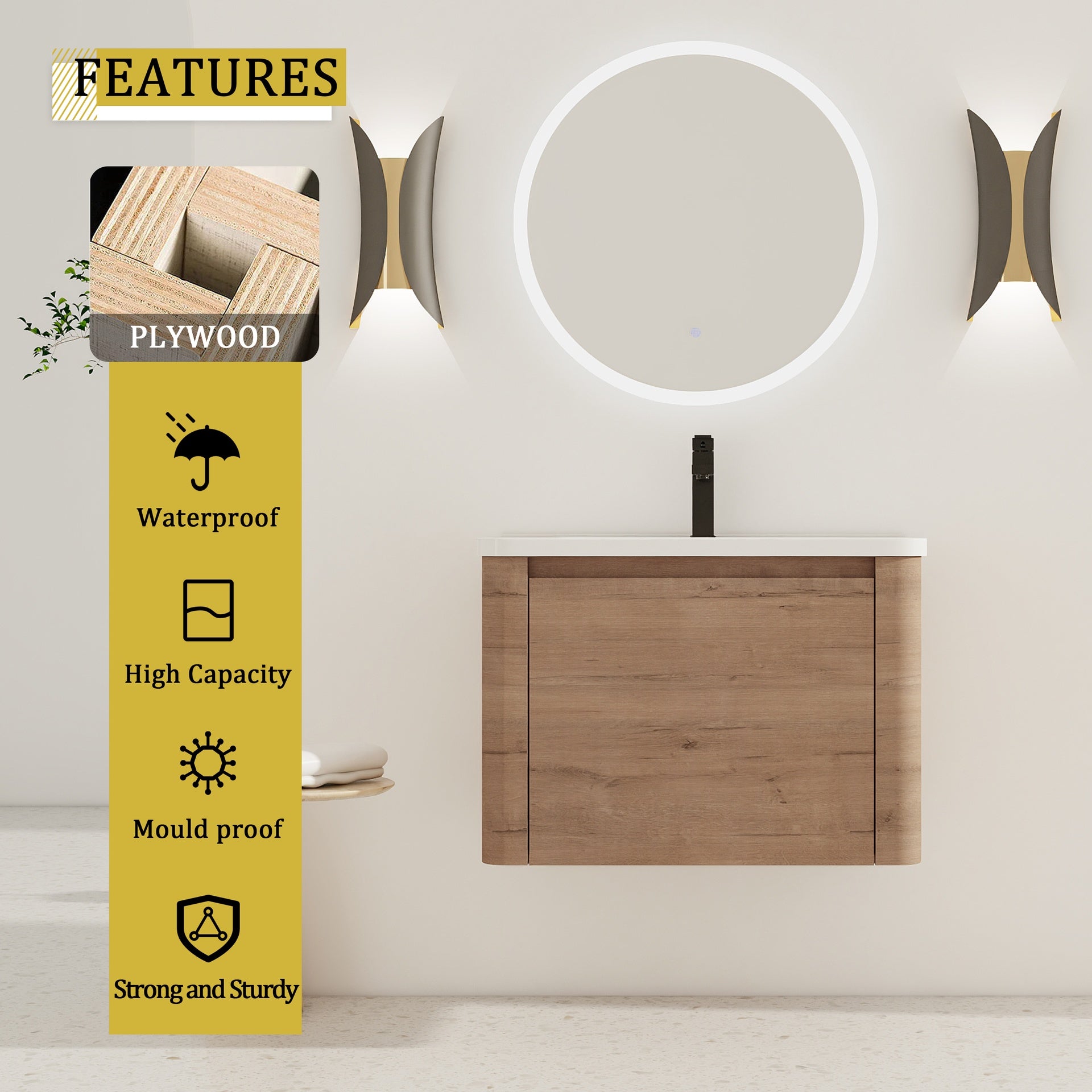 28'' Wall-Mounted Bathroom Vanity with White Ceramic Sink & 1-Soft-Close Door, KD-Packing, Plywood
