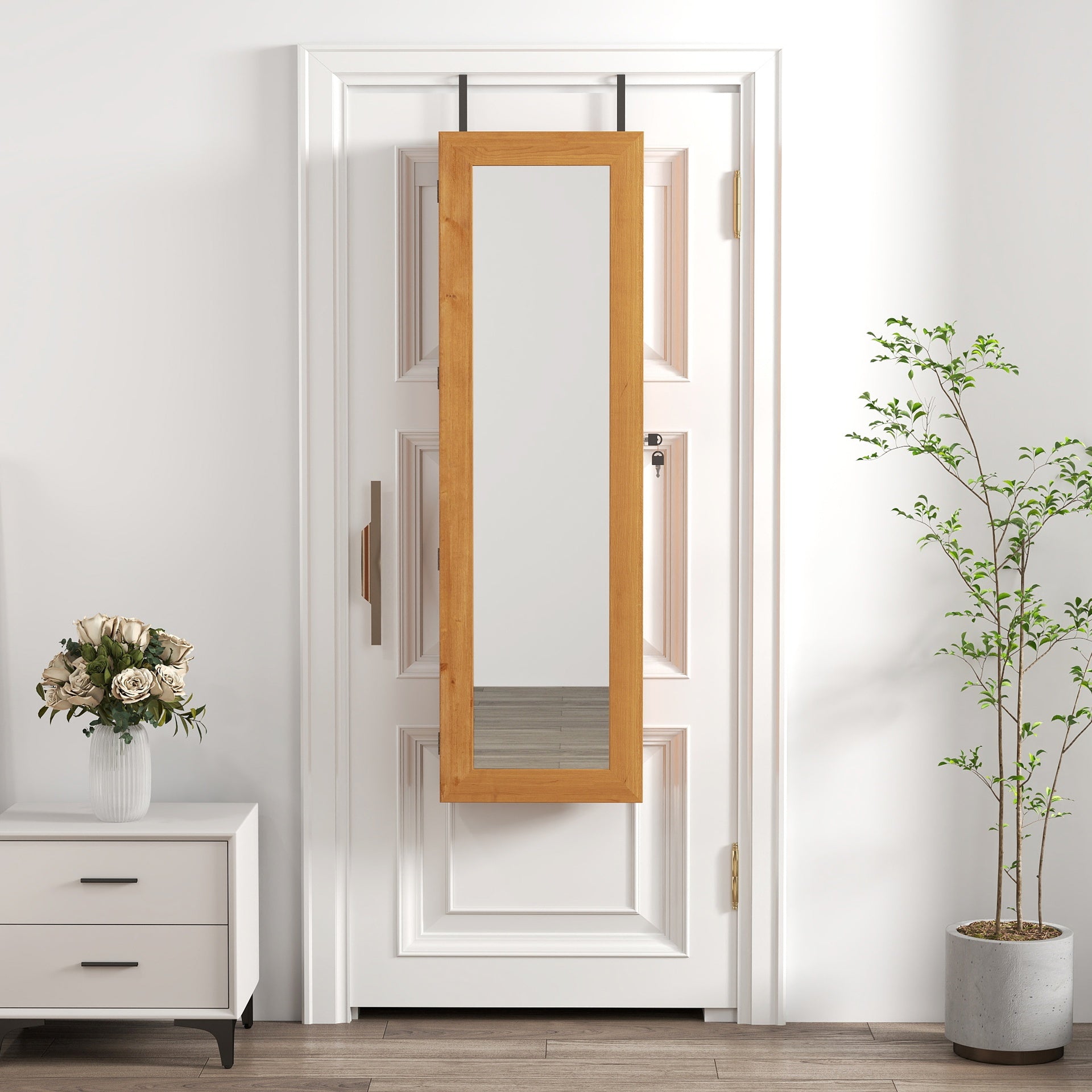 Solid Wood Jewelry Armoire Organizer Cabinet with Full-Length Mirror, 47.5x14.3 in Wall-Mounted Lockable with LED Light