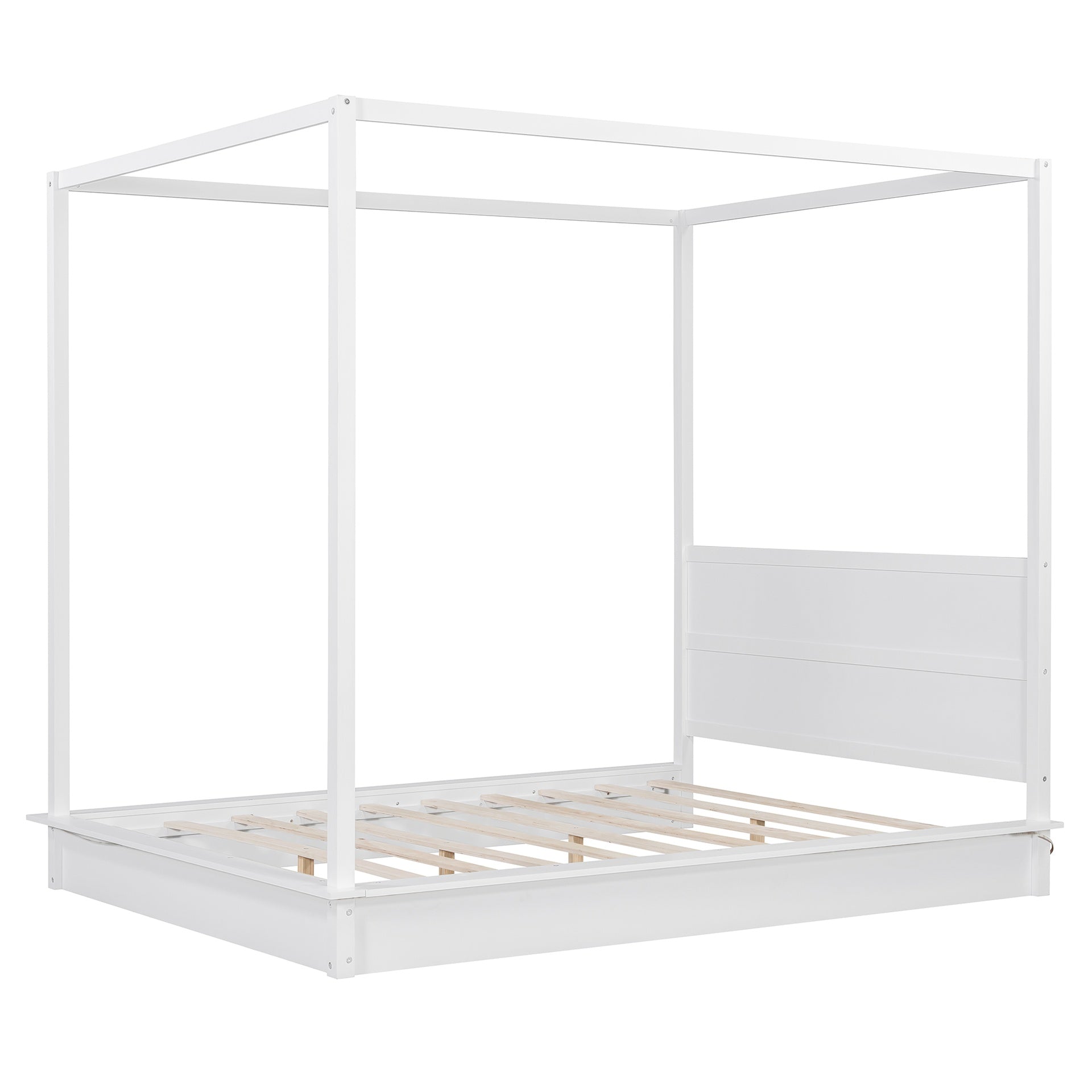 Queen Size Wood LED Canopy Bed ,Canopy Platform bed With Support Slats, No Box Spring Needed, White