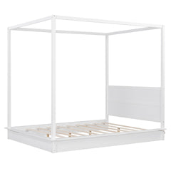 Queen Size Wood LED Canopy Bed ,Canopy Platform bed With Support Slats, No Box Spring Needed, White