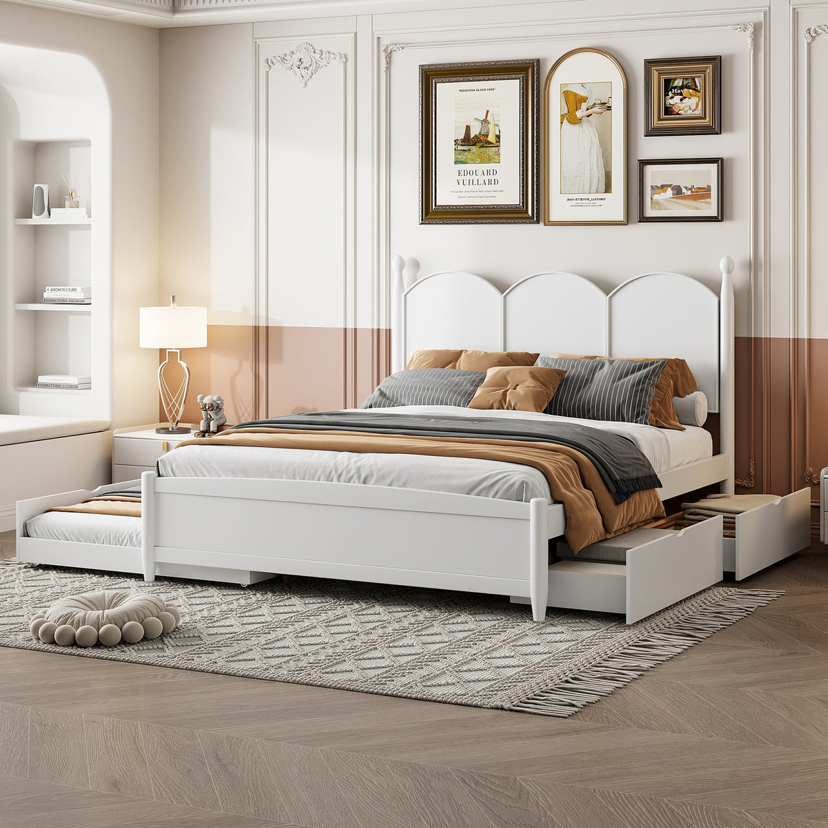 Queen Size Platform Bed With with 2 Big Drawers, Twin XL Size Trundle, White