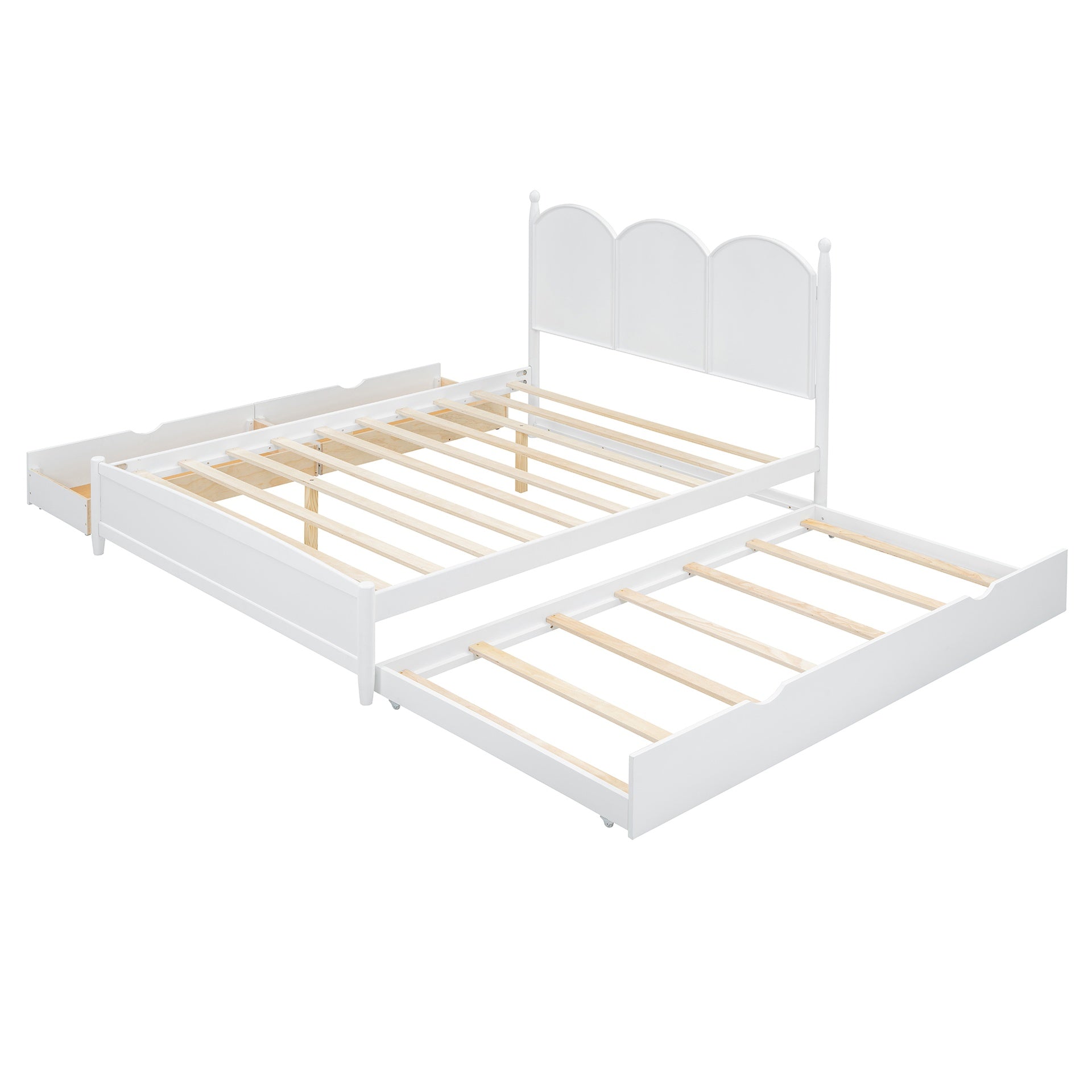 Queen Size Platform Bed With with 2 Big Drawers, Twin XL Size Trundle, White