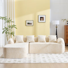 Beige chenille L-shaped compressed sofa that goes well with any living room. It features high-elastic sponge for a comfortable sitting feel,  curved armrests and four throw pillows.