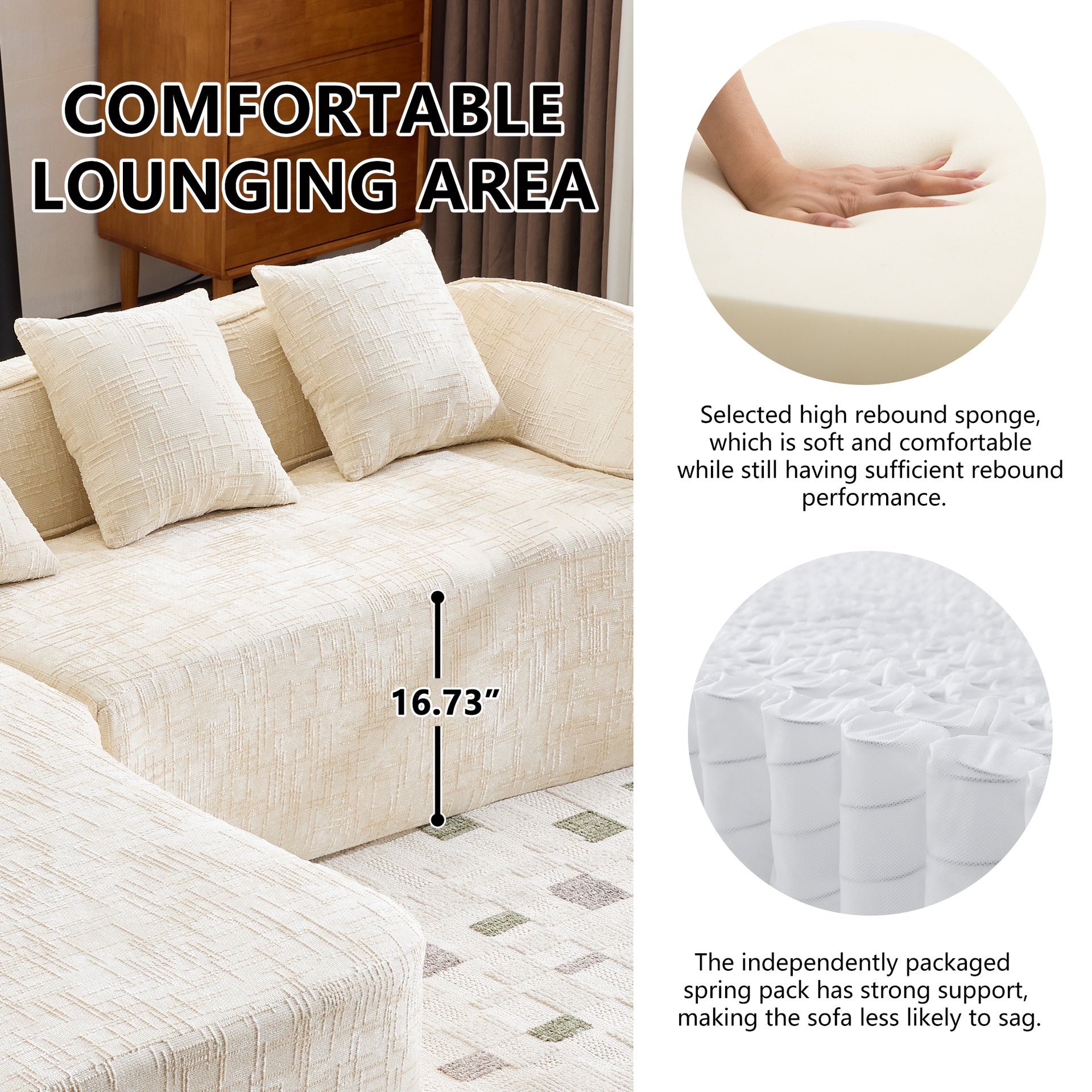 Beige chenille L-shaped compressed sofa that goes well with any living room. It features high-elastic sponge for a comfortable sitting feel,  curved armrests and four throw pillows.
