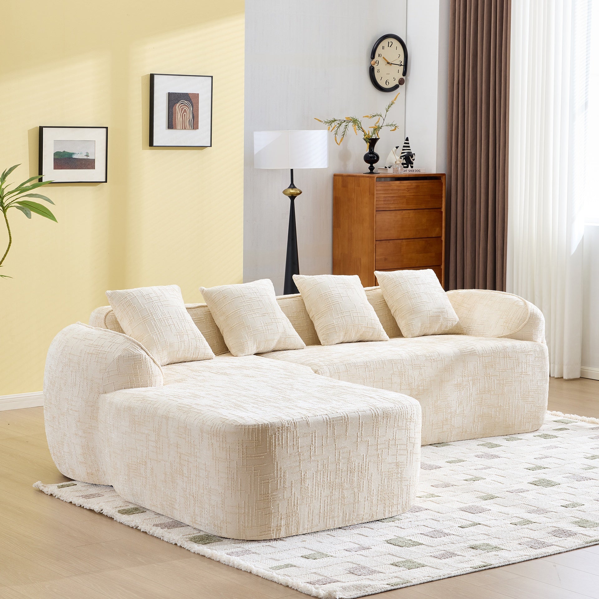 Beige chenille L-shaped compressed sofa that goes well with any living room. It features high-elastic sponge for a comfortable sitting feel,  curved armrests and four throw pillows.