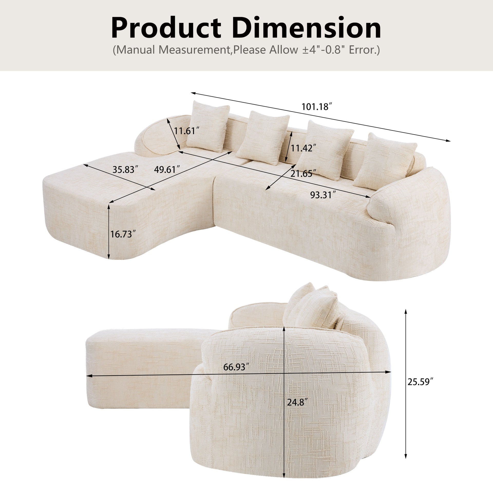 Beige chenille L-shaped compressed sofa that goes well with any living room. It features high-elastic sponge for a comfortable sitting feel,  curved armrests and four throw pillows.