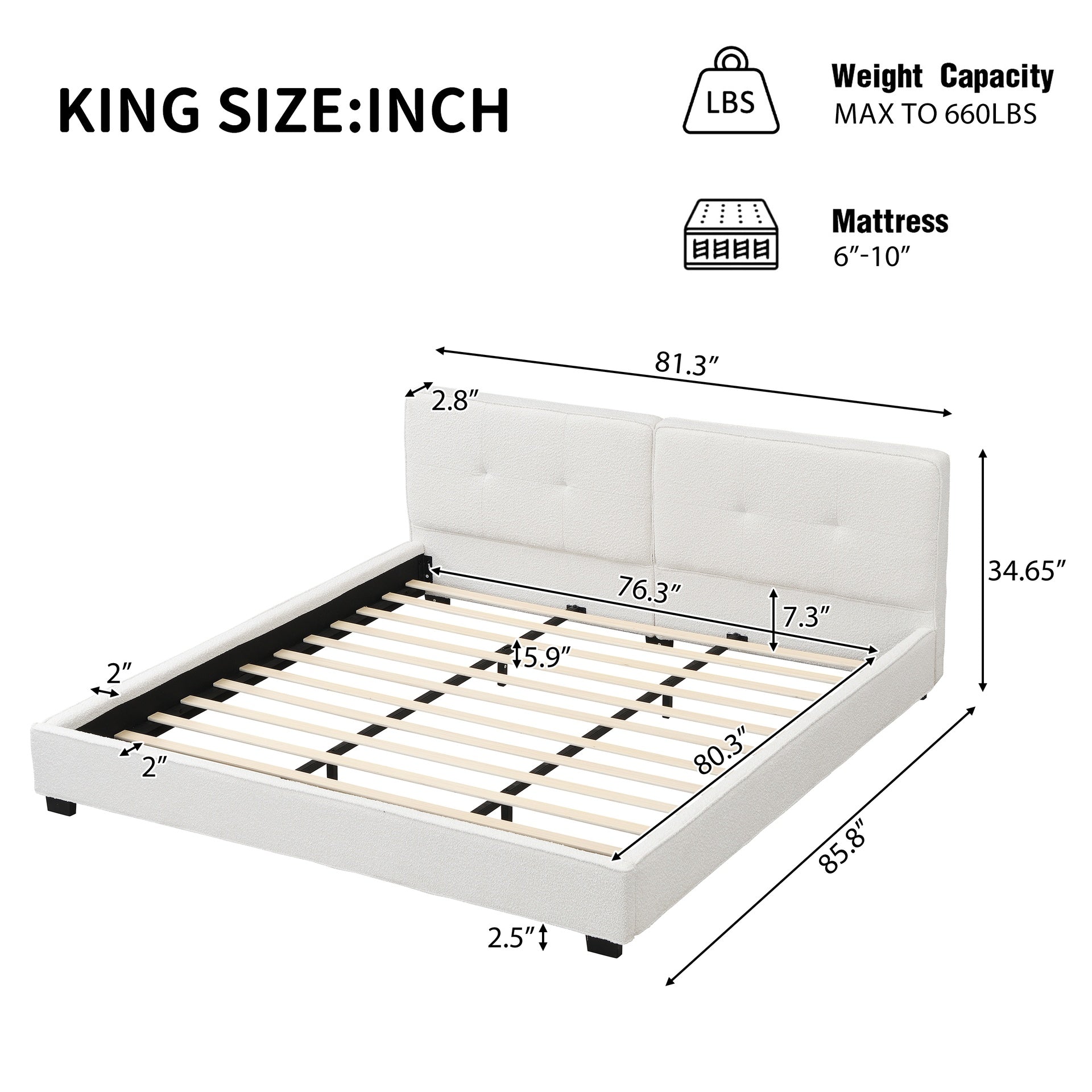 King Size Boucle Bed Frames, Upholstered Platform Bed with Curved Tufted Headboard, Soft Square Corners, Beige