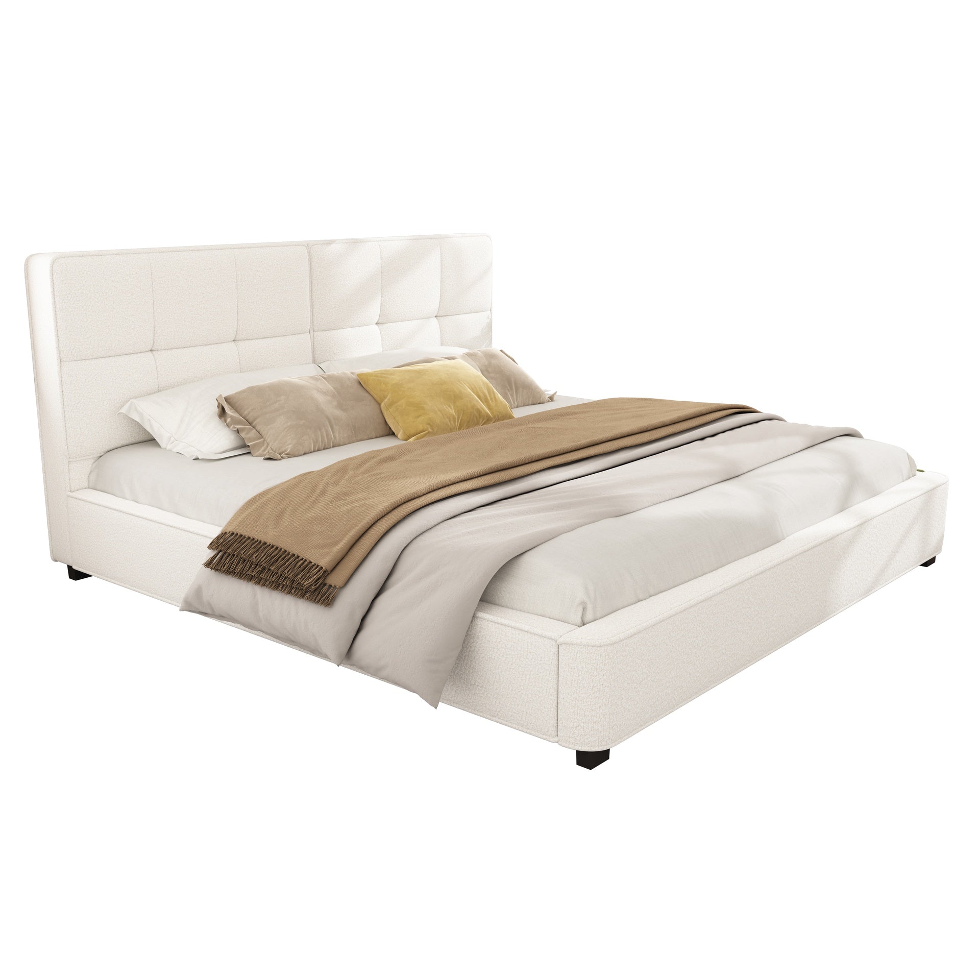 King Size Boucle Bed Frames, Upholstered Platform Bed with Curved Tufted Headboard, Soft Square Corners, Beige