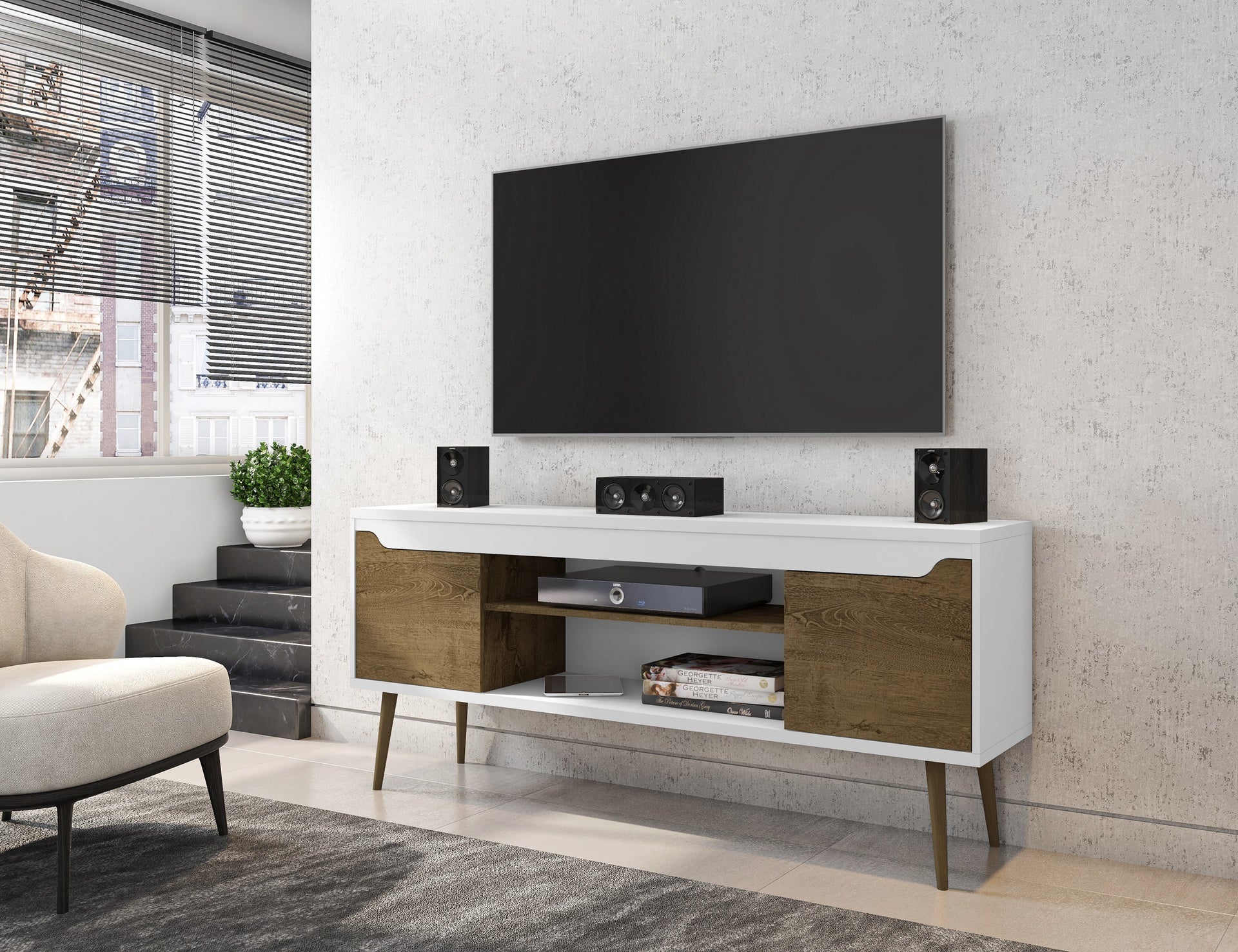 TV Stand in Rustic Brown and White