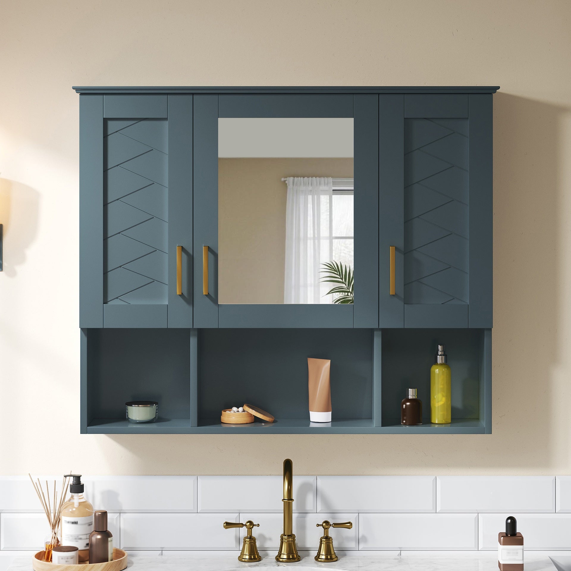 35 inch 2-in-1  Wall Mounted Medicine Cabinet with Adjustable Shelves & Soft Close Doors, High-Define Mirror with Storage for Bathroom Vanity
