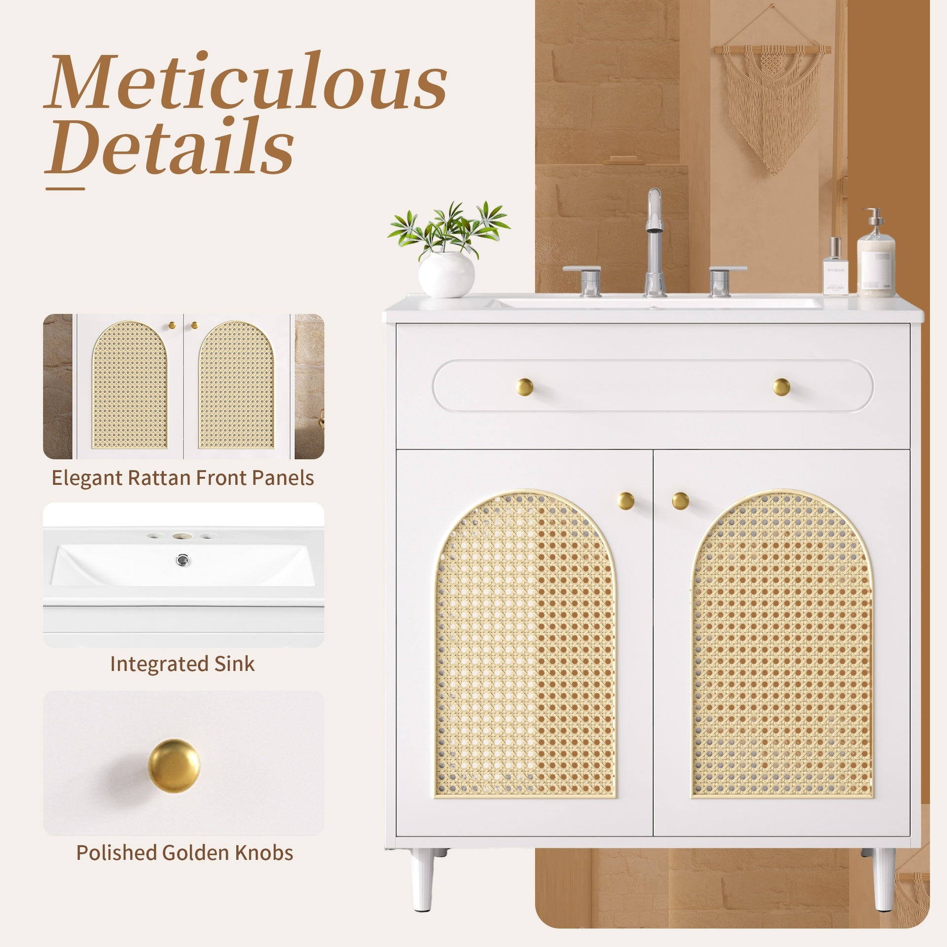 30" Bathroom Vanity with Ceramic Sink, Solid Wood Frame Bathroom Sink Cabinet with Adjustable Shelf, Tip-Drawer, Rattan Front Panels