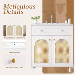 30" Bathroom Vanity with Ceramic Sink, Solid Wood Frame Bathroom Sink Cabinet with Adjustable Shelf, Tip-Drawer, Rattan Front Panels
