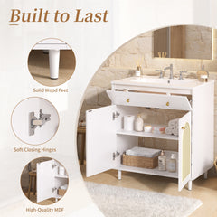 30" Bathroom Vanity with Ceramic Sink, Solid Wood Frame Bathroom Sink Cabinet with Adjustable Shelf, Tip-Drawer, Rattan Front Panels
