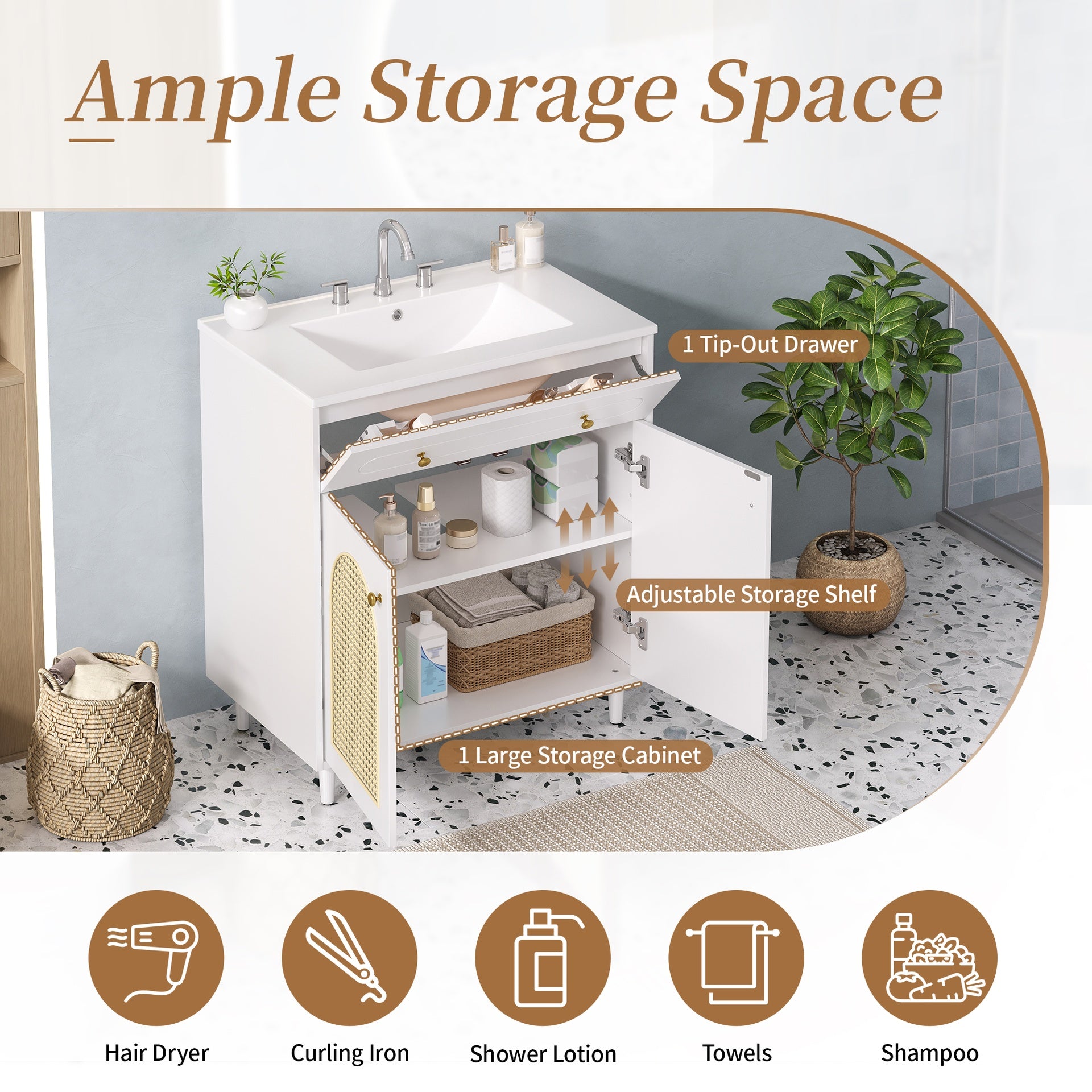30" Bathroom Vanity with Ceramic Sink, Solid Wood Frame Bathroom Sink Cabinet with Adjustable Shelf, Tip-Drawer, Rattan Front Panels