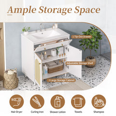 30" Bathroom Vanity with Ceramic Sink, Solid Wood Frame Bathroom Sink Cabinet with Adjustable Shelf, Tip-Drawer, Rattan Front Panels