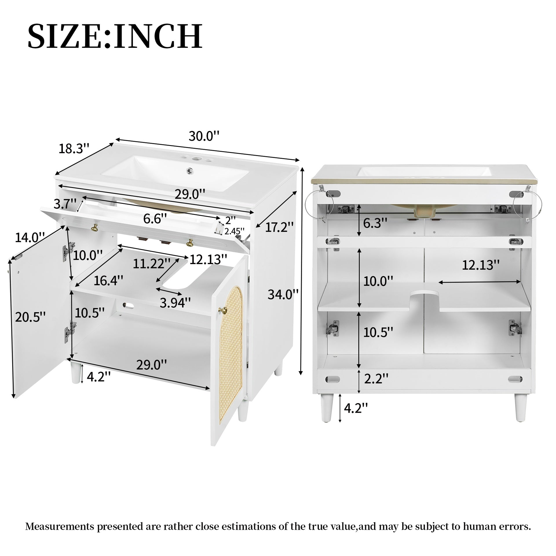 30" Bathroom Vanity with Ceramic Sink, Solid Wood Frame Bathroom Sink Cabinet with Adjustable Shelf, Tip-Drawer, Rattan Front Panels