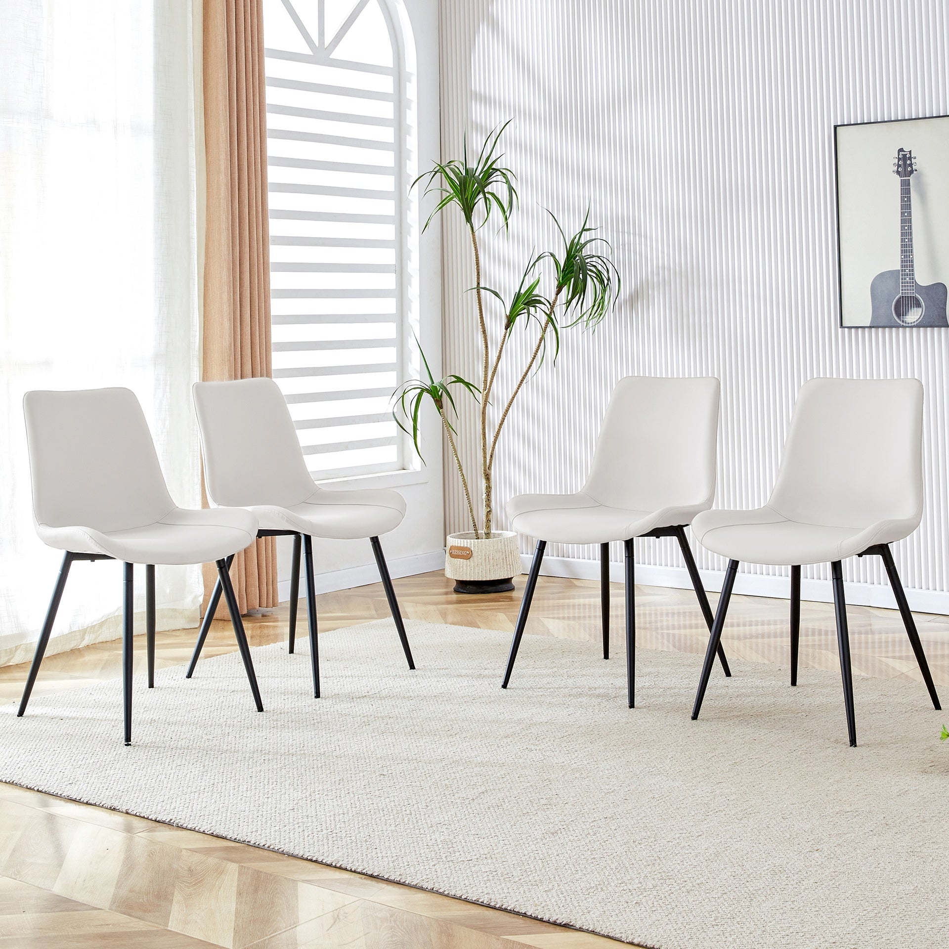 White artificial leather backrest cushion dining chair, black metal legs, curved widened cushion design for more comfort, suitable for restaurants, kitchens, bedrooms, offices.(4 chairs)W1151P180072