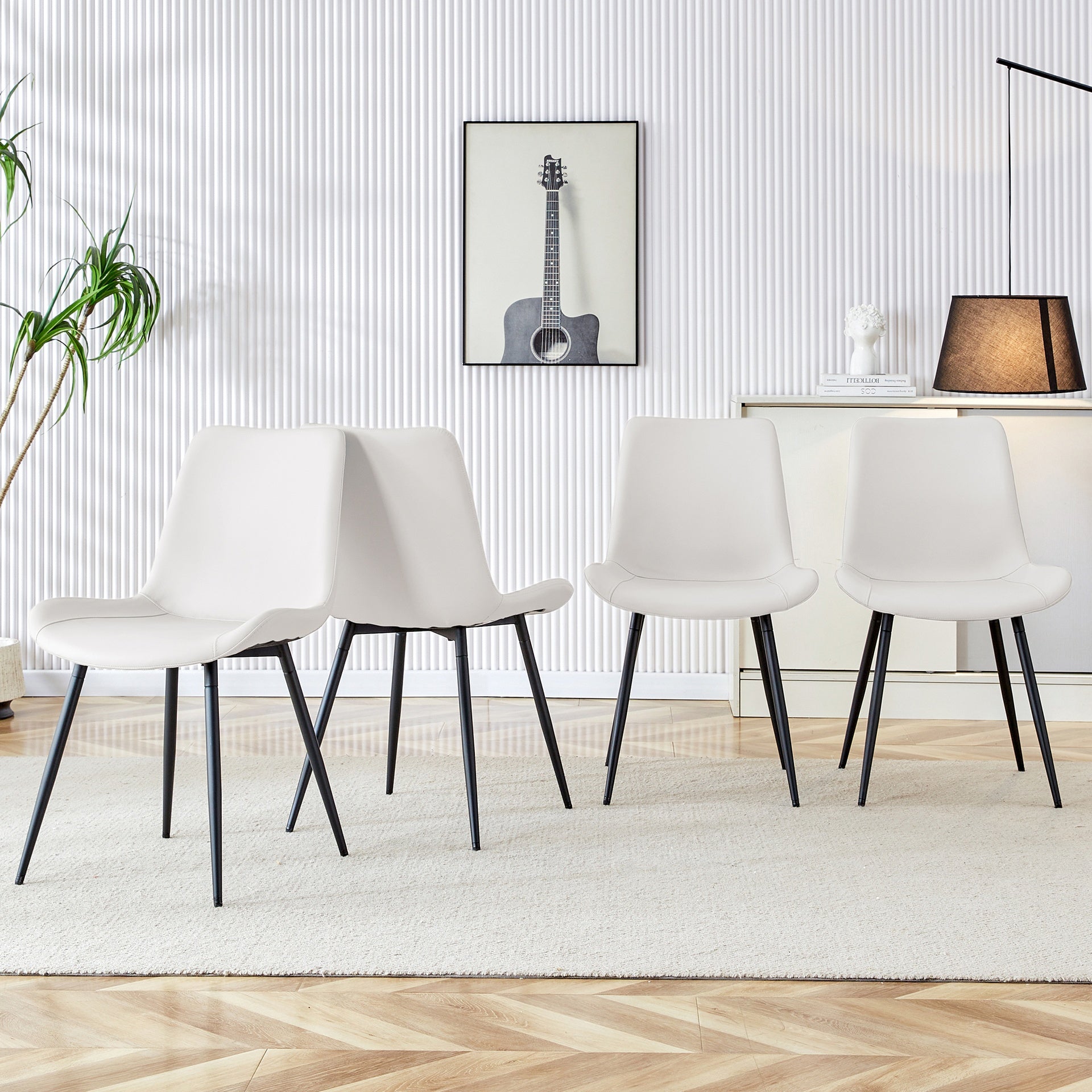 White artificial leather backrest cushion dining chair, black metal legs, curved widened cushion design for more comfort, suitable for restaurants, kitchens, bedrooms, offices.(4 chairs)W1151P180072