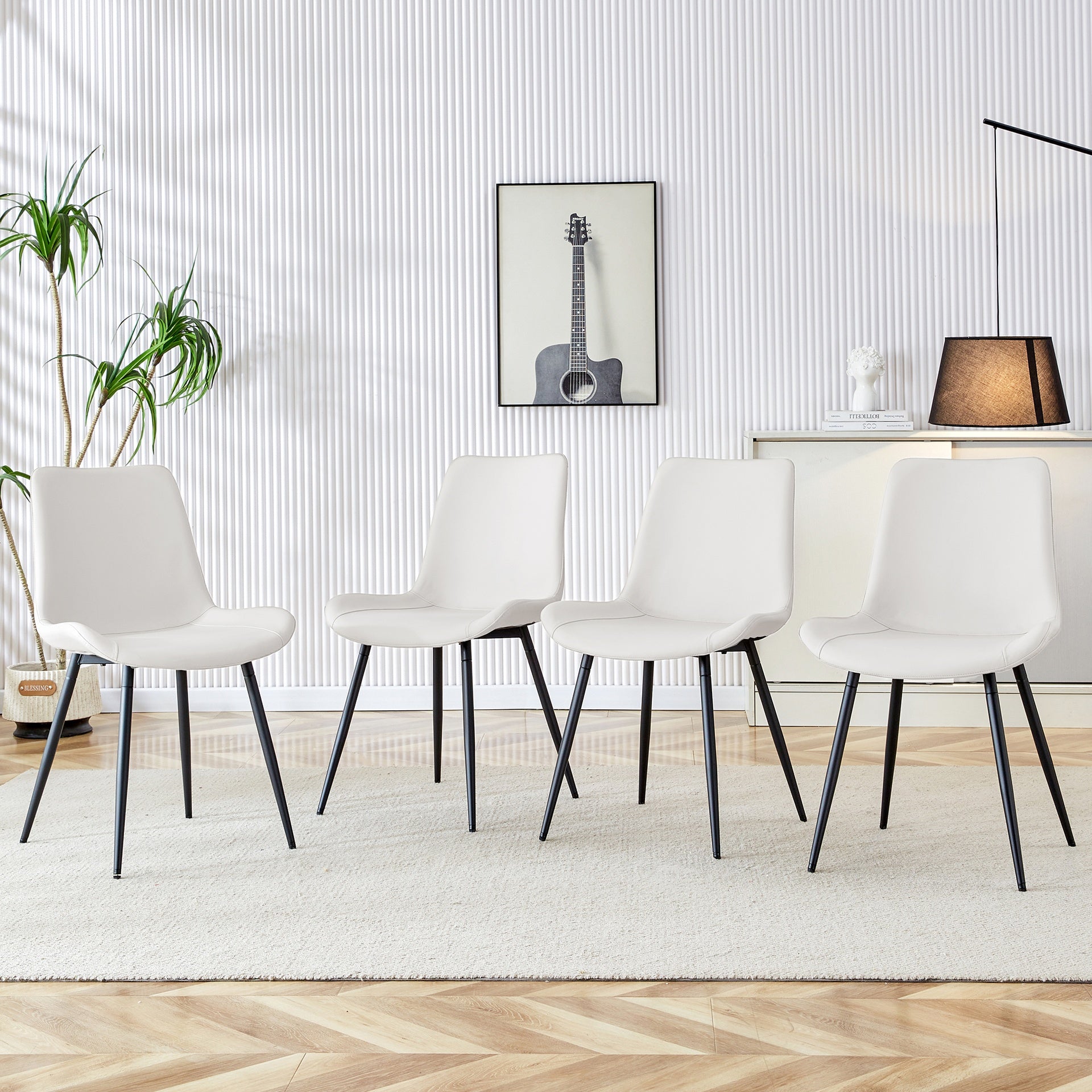 White artificial leather backrest cushion dining chair, black metal legs, curved widened cushion design for more comfort, suitable for restaurants, kitchens, bedrooms, offices.(4 chairs)W1151P180072