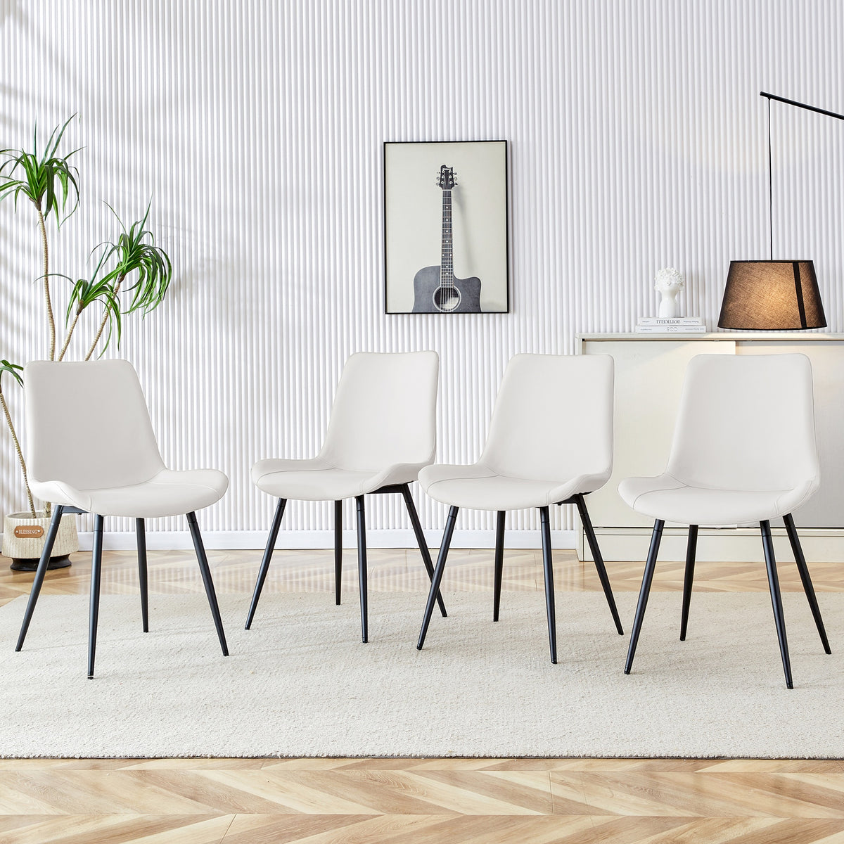 White artificial leather backrest cushion dining chair, black metal legs, curved widened cushion design for more comfort, suitable for restaurants, kitchens, bedrooms, offices.(4 chairs)W1151P180072