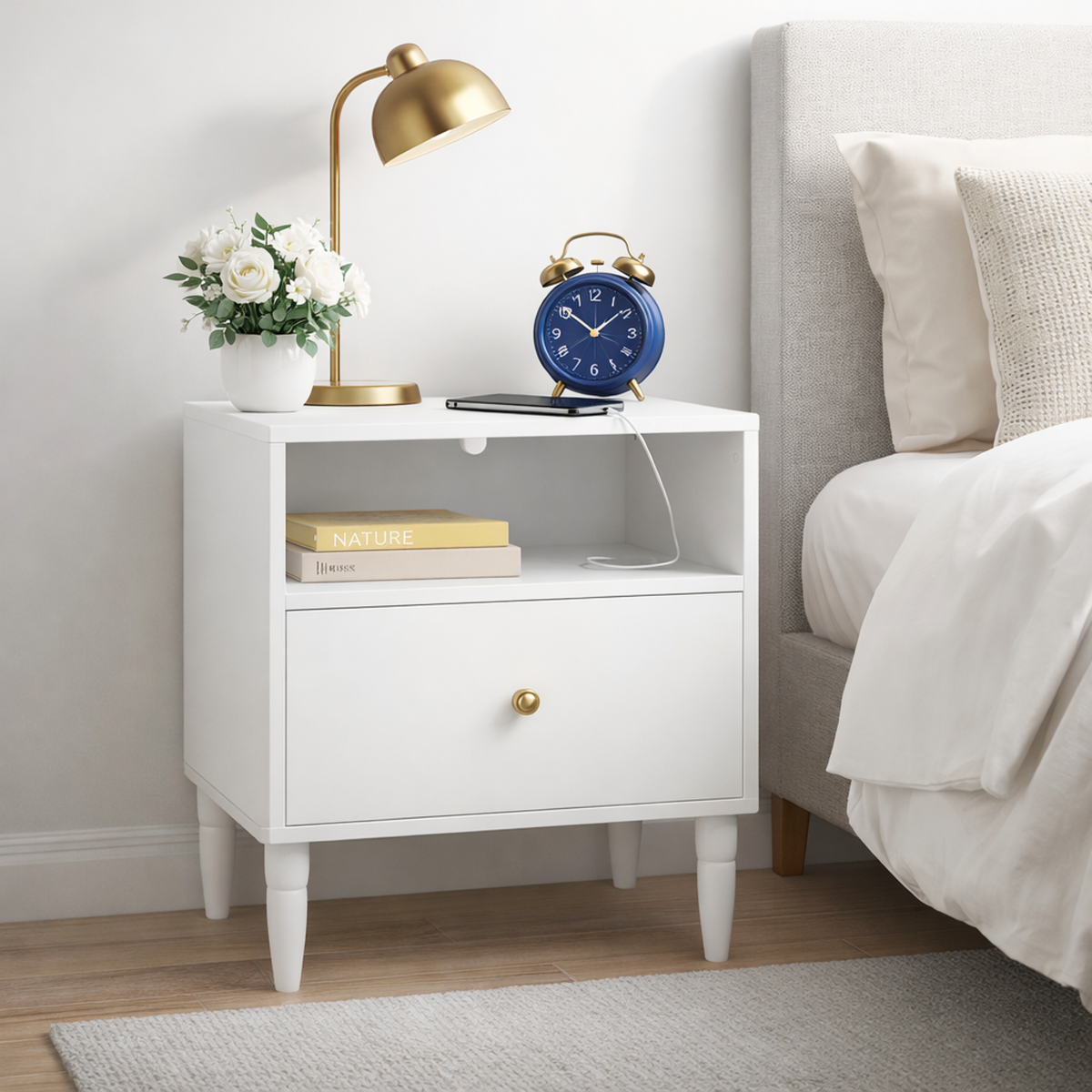 Modern White Nightstand with Drawer and Open Shelf, Bedside Table with Gold Knob, Solid Wood Legs, Small End Table for Bedroom, Living Room