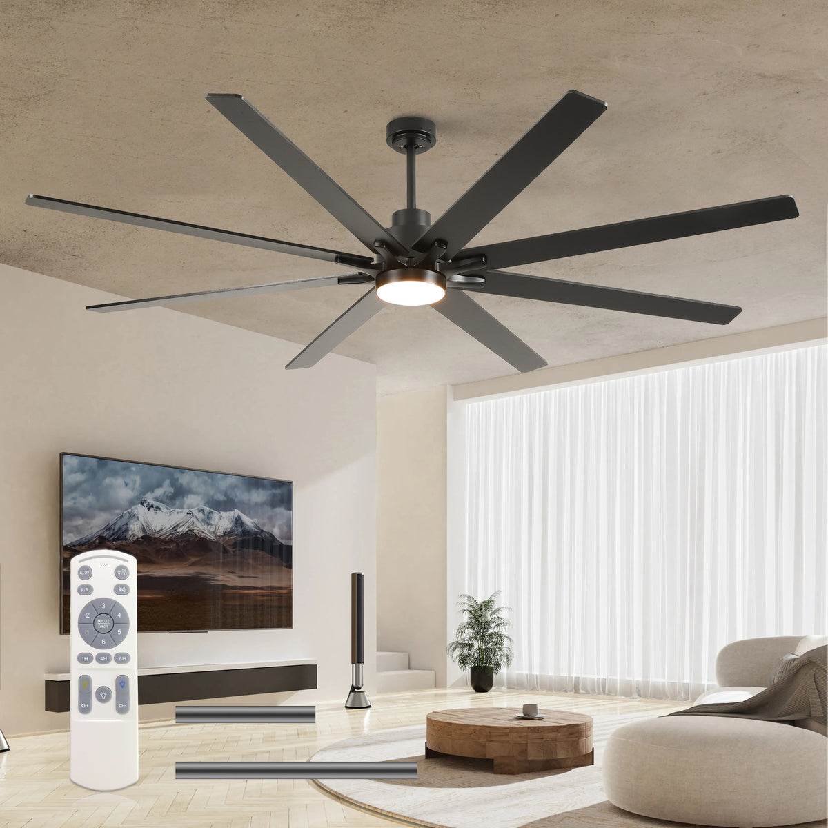 84 Inch Large 8 PCS Plywood Reversible Blades  Ceiling Fan With Light Kit 3 Color  Dimmable LED, DC 6 Speed ,Remote Control Ceiling Fan  for Patio Living Room, Bedroom, Office,Indoor.(Matte Black )