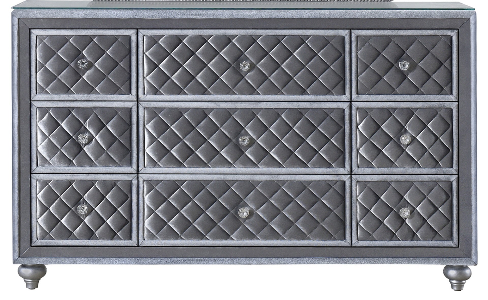 1pc Glam 9-Drawer Dresser w Tempered Glass Top Velvet Tufted Drawer Front Faux Crystal Drawer Knobs Bedroom Furniture