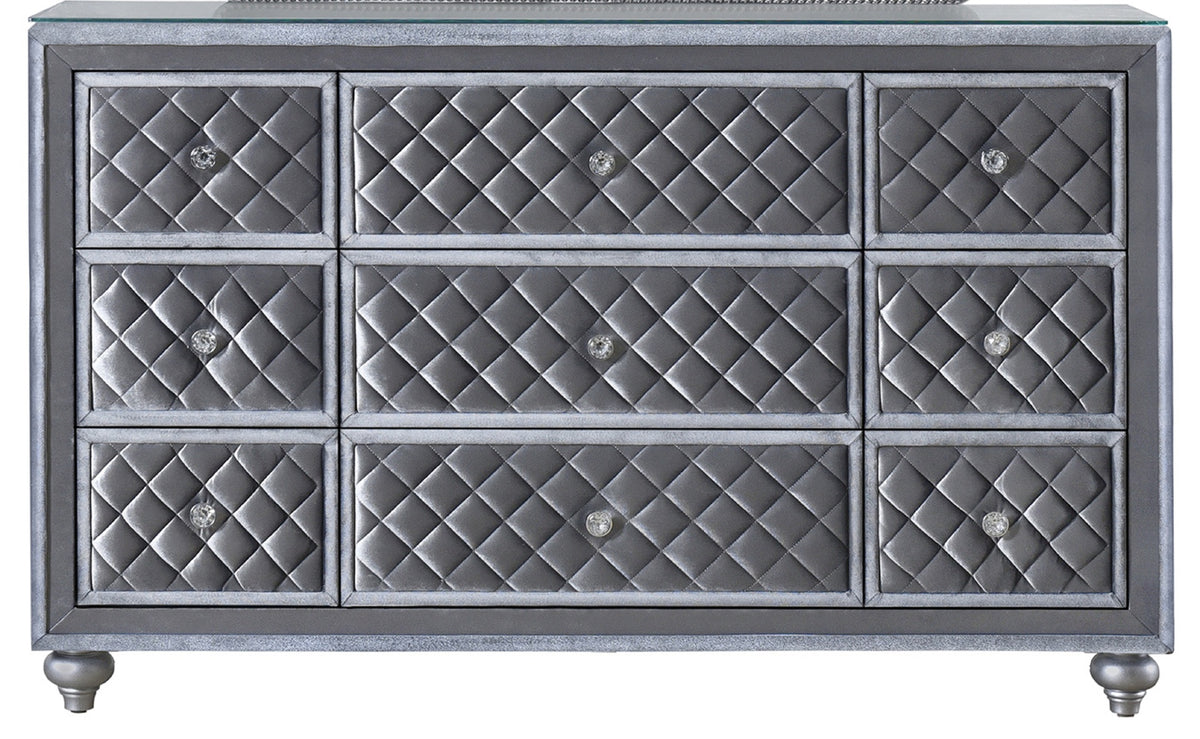1pc Glam 9-Drawer Dresser w Tempered Glass Top Velvet Tufted Drawer Front Faux Crystal Drawer Knobs Bedroom Furniture