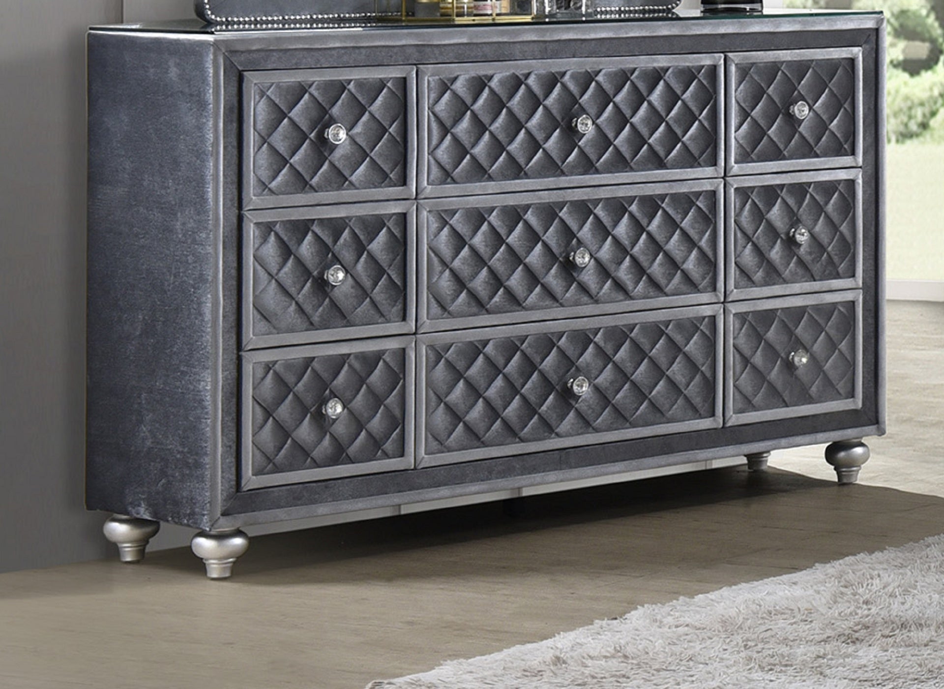 1pc Glam 9-Drawer Dresser w Tempered Glass Top Velvet Tufted Drawer Front Faux Crystal Drawer Knobs Bedroom Furniture