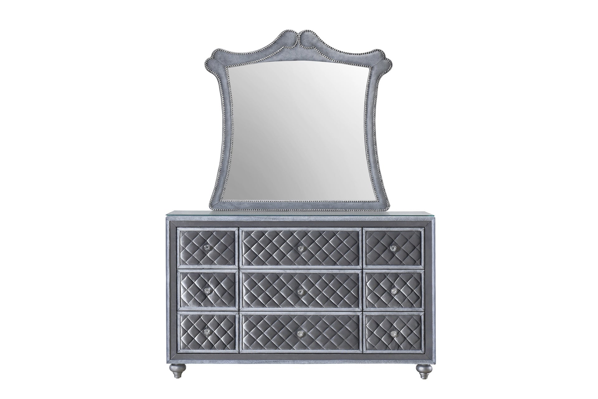1pc Glam 9-Drawer Dresser w Tempered Glass Top Velvet Tufted Drawer Front Faux Crystal Drawer Knobs Bedroom Furniture