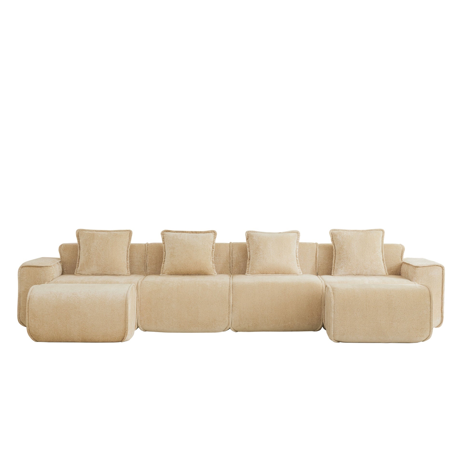 Streamlined Design Modular 4 Seat U Shape Sectional Boneless Sofa with French Edge Piping, No Assembly Required,4-Seat Sofa Couch with Throw Pillows and 2 Movable Ottomans, Velvet Fabric Light Camel